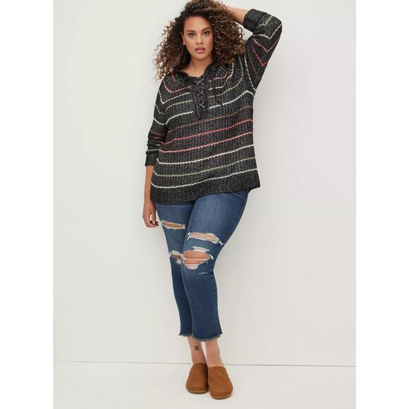 Torrid Chunky Pullover Hooded Raglan Sweater Gray Rainbow Stripe 2 2X - Picture 4 of 9